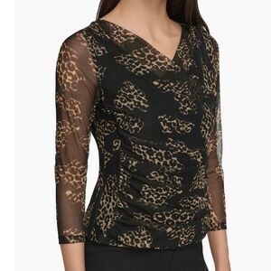 NWT DKNY Animal Print Surplice Faux Wrap Semi Sheer Ruched Blouse Brown XS